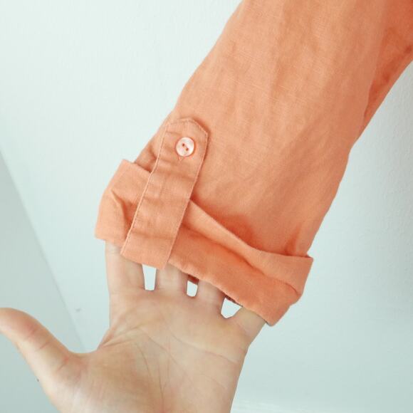 JM Collection Size 16 Top 100% Linen Orange Button Up Roll Tab Sleeve Beachy - Picture 4 of 7